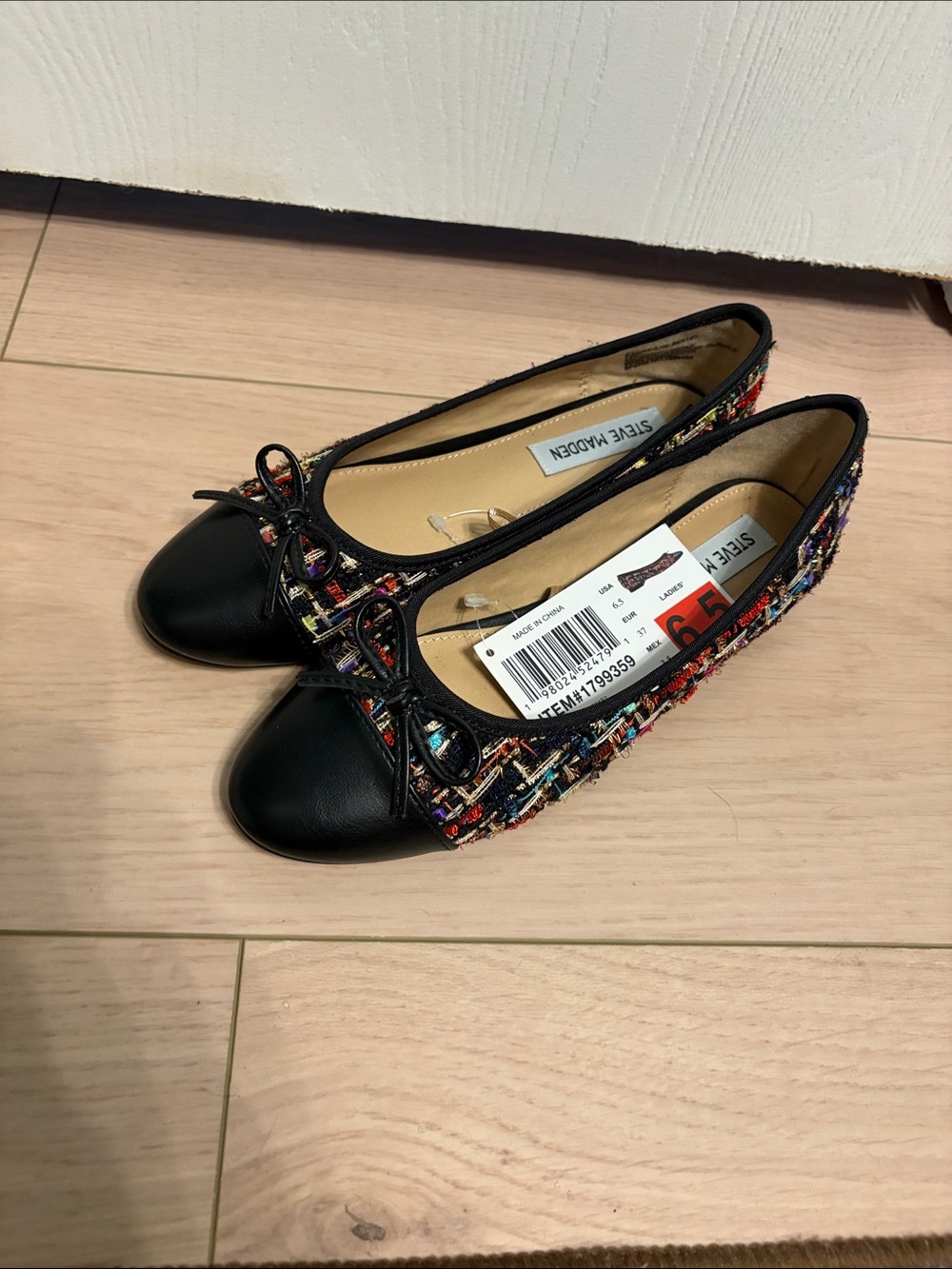 NWT Steve Madden Black Multicolor Tweed Ballet Flats with Bow size 6.5